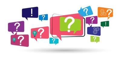 Solution or idea illustration. Speech bubbles with question marks symbols and light bulb icons. vector