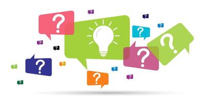 Question marks symbols and light bulb icons with speech bubbles. Solution or idea illustration. vector