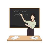 Smiling female teacher at classroom near blackboard and desk. Education, lecture and lesson at school or university. vector