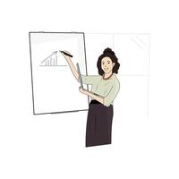 Smiling female speaker giving a presentation with a laptop in hand. Office worker presenting a report on a whiteboard. vector