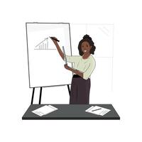 African American female speaker giving a presentation with a laptop in hand. Office worker presenting a report on a whiteboard. vector