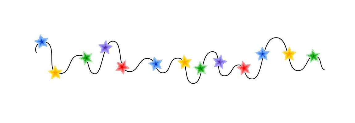 Christmas colorful multicolored lights curly string garland, doodle hand drawn illustration, flat cartoon seasonal image for winter traditional holidays, birthday design