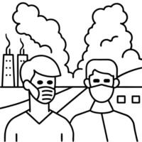Two people wearing masks in front of a factory vector