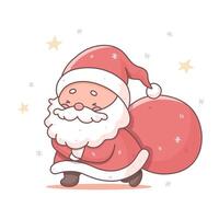 A cartoonish version of Santa Claus is walking with a red bag on his back vector