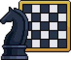 Pixel art of horse piece and chessboard in 8-bit style on white background vector