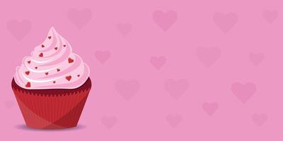 Valentine's day cupcake on side background with hearts. vector