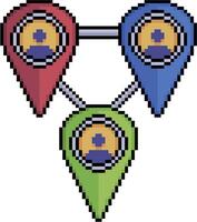 Pixel art of GPS pins connected to individuals in 8-bit style on white background vector