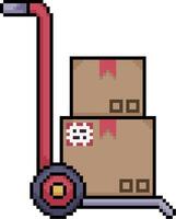 Pixel art cargo cart with cardboard boxes and packages in 8-bit style on white background vector