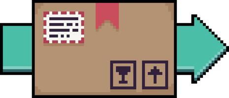 Pixel art package with order and green arrow in 8-bit style on white background vector