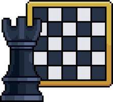 Pixel art piece rook and chessboard in 8-bit style on white background vector