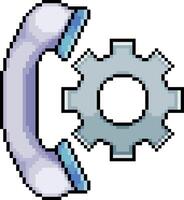Pixel art old phone and gear icon in 8-bit style on white background vector