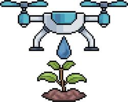 Pixel art drone watering plant in 8-bit style on white background vector