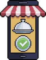 Pixel art mobile phone with positive review of food dish in 8-bit style on white background vector