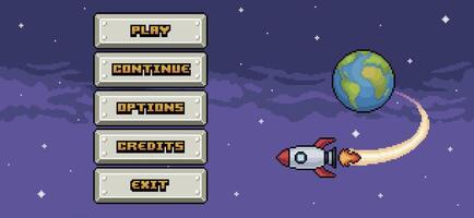 Space game home menu with ship and metal buttons in pixel art and 8-bit style vector