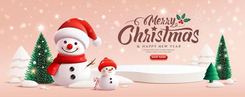 Merry Christmas and happy new year podium display ,Snowman, pine tree, greeting card, winter banner design on pink background vector