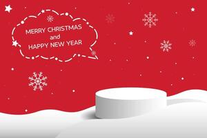 White snowflakes and stars on a red background with a podium. Merry Christmas and Happy New Year banner design. vector