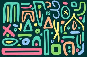 Abstract colorful neon shapes against the dark background. Retro, maximalist, cluttercore drawing vector