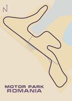 The image depicts a detailed track map of Motor Park Romania, a race track located in Romania. The map is presented in a top-down view, showcasing the track's layout with a winding, serpentine path. vector