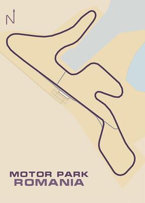 The image depicts a detailed track map of Motor Park Romania, a race track located in Romania. The map is presented in a top-down view, showcasing the track's layout with a winding, serpentine path.