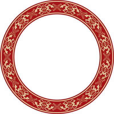 round gold and red ancient Russian ornament. Slavic border, frame. Circle, ring. Painting of the royal chambers.