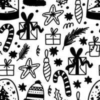 New Year and Christmas black and white seamless pattern with tree, socks, sweets, snow, present. Happy holidays. Winter doodle simple pattern. Endless background for textile, paper, decor vector