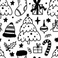 New Year and Christmas seamless pattern with tree, socks, and present. Happy holidays. Winter doodle simple pattern. Endless background for textile, paper, decor vector