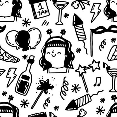 Christmas party seamless background. New Year and Christmas eve. December party. Girl Celebrating winter holidays. Endless pattern