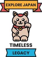 A cat is sitting on a poster that says Explore Japan and Timeless Legacy vector