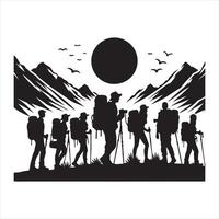 Tourists with backpacks their backs silhouette white background vector