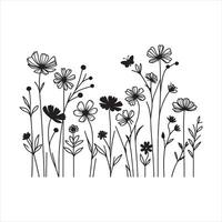 single one line wildflowers silhouette on white background vector