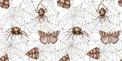 Black spider web with beads, spider and butterflies for Halloween party pattern watercolor illustration. Arachnids of the order Arthropods isolated from the background. Design concept for poster, png
