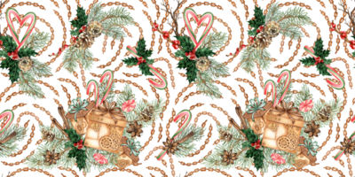 Brown gift boxes with bow in steampunk style with fir branches, caramel, holly, pine cones, cinnamon, chains watercolor illustration pattern. Isolated from the background. Ideal for cards, covers, png