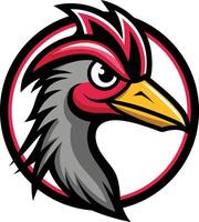 A rooster head in a circle with a red and black feather vector