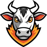 A cow head with horns and a fire emblem on it vector