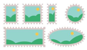 Cute postage stamp, round and square frames, templates with simple landscape isolated on white background. Postmarks set. vector