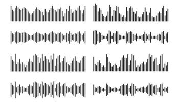 Thin line podcast sound waves and audio soundwave of voice message records collection isolated on white background. Round and square lines. vector