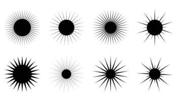 Black silhouette of sun icons. Collection of suns or stars with thin rays isolated on white background. vector