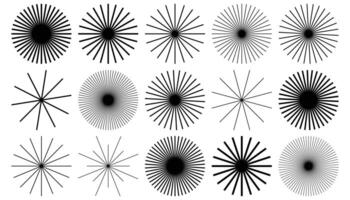 Round geometric shapes with rays. Vintage sunburst icon set elements. Circular thin line beams, stars, sun rise light. vector