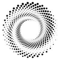 Black round halftone dotted radial swirl or tornado shape. Gradient circle. Pop art retro style. vector