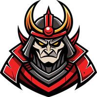 An evil samurai head with horns and red armor vector