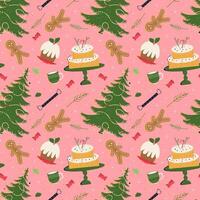 Seamless pattern with Christmas sweets cake and gingerbread. Festive winter pattern with a Christmas tree on a pink background for wrapping paper or textiles. vector
