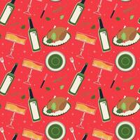 Christmas seamless pattern in retro style. Christmas party table with turkey and champagne on a red background with snowflakes. vector