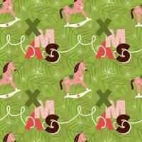 Seamless pattern with a toy horse and beads hanging on the Christmas tree. Christmas pattern with green background and tree branches for wrapping paper or textiles. vector