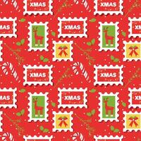 seamless pattern with postage stamps, cone caramel and Reindeer. Christmas pattern in red and green colors. vector