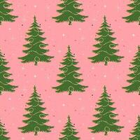 Seamless pattern with a retro Christmas tree. Festive winter pattern with pink background for wrapping paper or textiles. vector