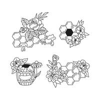 Rustic apiary collection honeycombs, wooden barrel and flowers arrangement. Hand drawn doodle bouquet botanical illustrations. vector