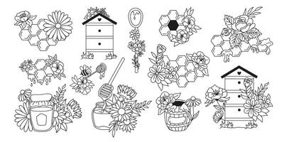 Rustic apiary collection honeycombs, hive, glass jar and flowers arrangement. Hand drawn doodle bouquet botanical illustrations. vector