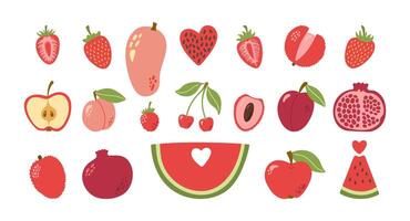 Red fruits and berries with leaves and seeds. Strawberry, mango, lychee, watermelon, apple, peach, raspberry, cherry, plum, pomegranate. Hand drawn cartoon collection. vector