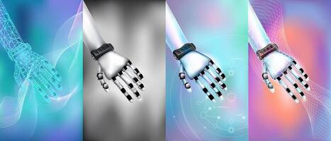 Digital models of robot hands on an abstract bright background. vector