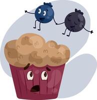 Two blueberries jumping holding hands on a muffin vector